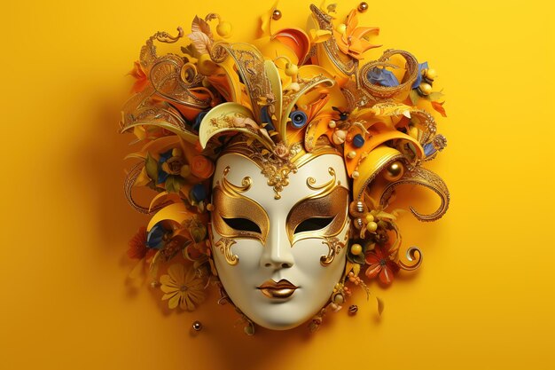 Elegant mardi gras or carnivale mask on a yellow background venetian masks ai generated