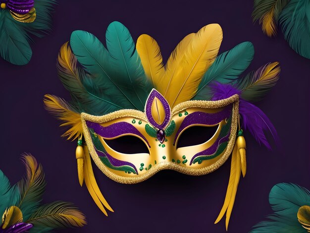 Elegant mardi gras-masker met veren op paarse achtergrond