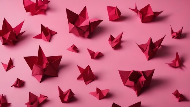 Elegant maroon red origami paper on pink background