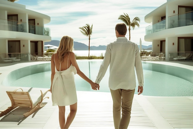 Elegant married couple arrive hand in hand at their new summer house with a luxurious pool Ai generated