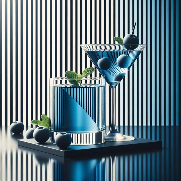 Foto elegante bicchiere di martini con cocktail blu fette di melone e mirtilli