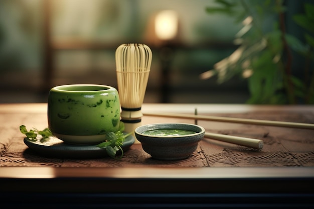 Elegant matcha tea ceremony with traditional tools 00263 03