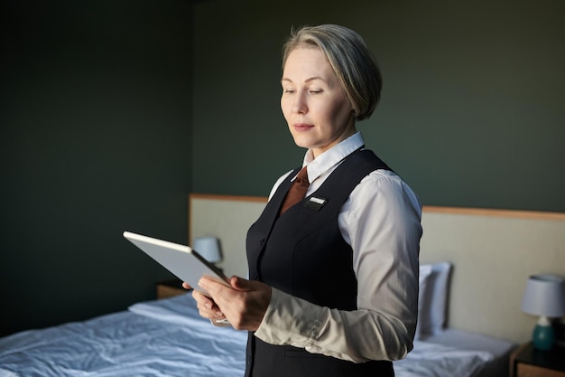 Elegant mature female manager of luxurious hotel using tablet in hotel room