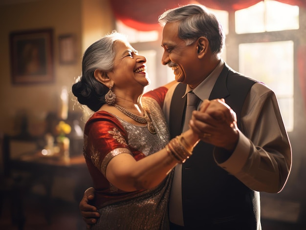 Elegant Mature Indian Couple Dancing in Traditional Attire Lifetime of Togetherness and Joy