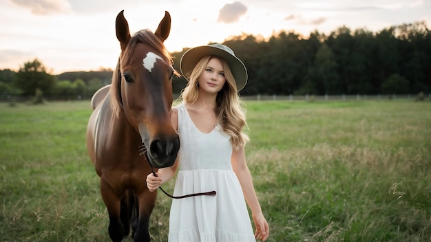 Elegant meisje op een boerderij met een paard.