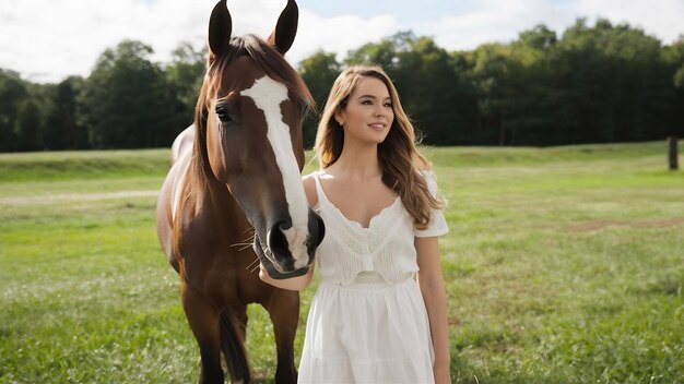 Elegant meisje op een boerderij met een paard.