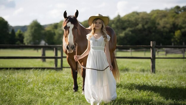 Elegant meisje op een boerderij met een paard.