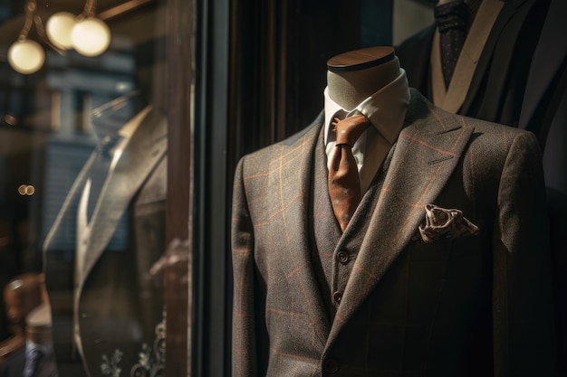 An elegant men's suit on the showcase of a men's store Generative AI