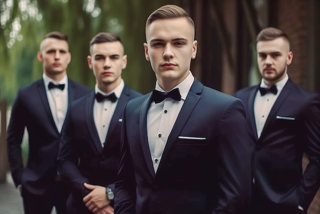 Elegant men in tuxedo posing over black background Men's beauty fashion Generative AI