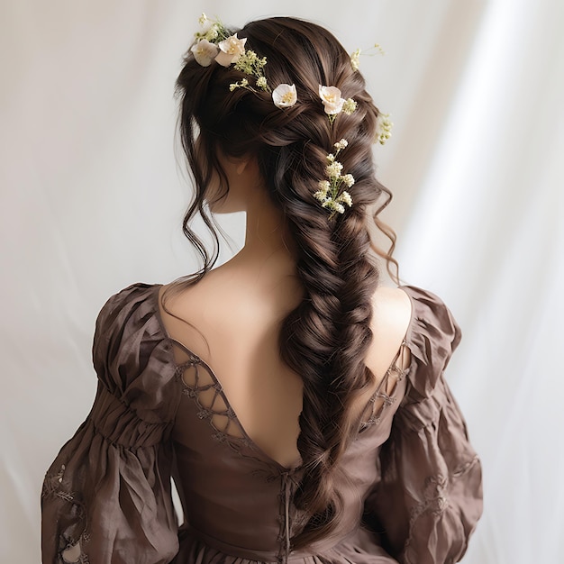 Photo elegant messy fishtail braid for asian women braided hairstyle dark creative concept idea design