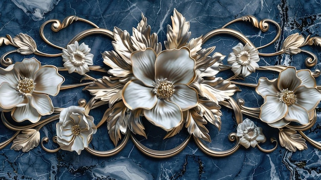 Elegant Metallic Floral Decoration on Textured Blue Background