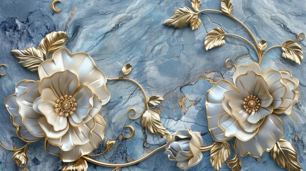 섬세 한 파란색 배경 에 있는 우아 한 금속 꽃 장식