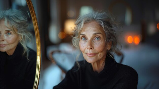 Photo elegant middleaged woman reflecting in mirror with warm indoor lighting