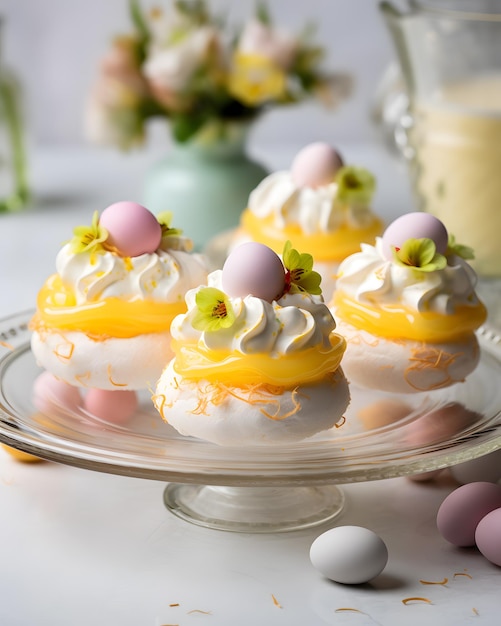 Elegant Mini Pavlova Desserts with Lemon Curd and Candy Eggs