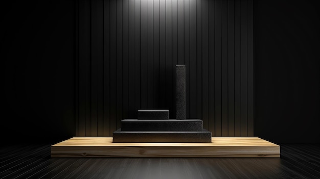 elegant minimalist black podium wooden display minimalist with floral on black background