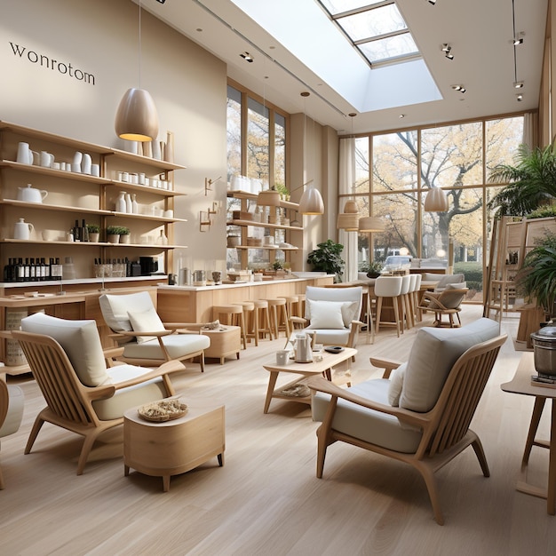 Elegant minimalist cafe interior with wooden furniture and large windows