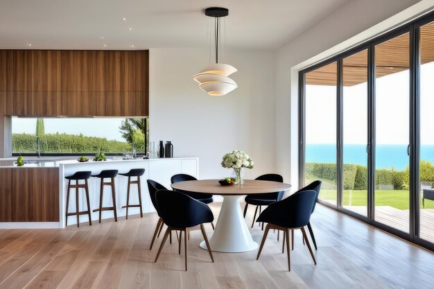 Elegant Minimalist Dining Room Interior with Cosy Furniture and Chic Lighting