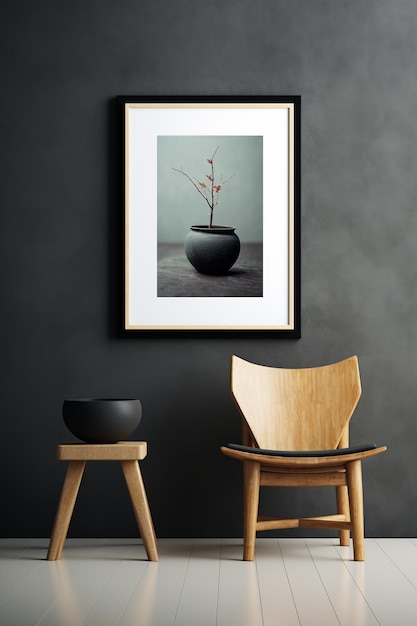 Foto elegant, minimalistisch interieur met houten kruk, designstoel en ingelijste bladloze boomfoto