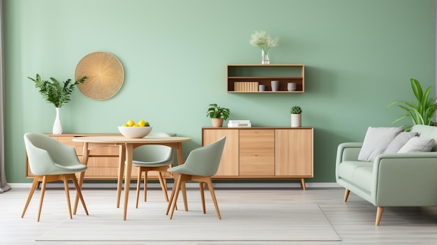 Elegant mintcolored chairs encircle a warm wooden round table