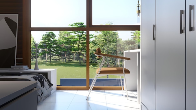 Foto illustrazione 3d di ispirazione per il design della finestra di architettura degli interni della camera da letto moderna elegante