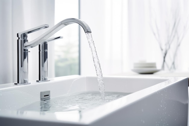 elegant modern faucet with water filling a white bathtub contemporary bathroom design