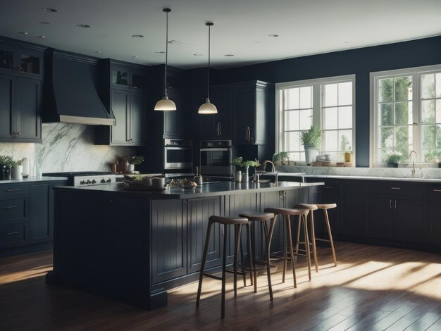 Elegant modern kitchen interior with dark cabinets marble countertops