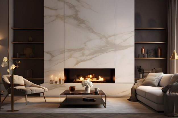 Elegant and modern living room 3d interior with open fireplace ai generate