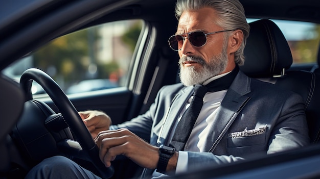 Elegant modern trendy middle age male in a luxury car