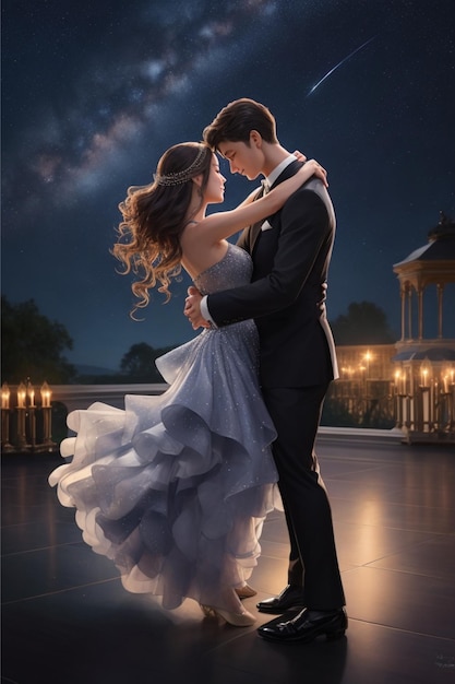 elegant moment of two lovers dancing under a starlit sky