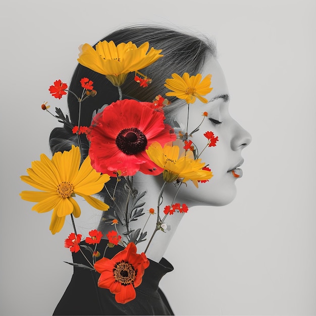 Foto elegante ragazza monocromatica con collage artistico di fiori vivaci