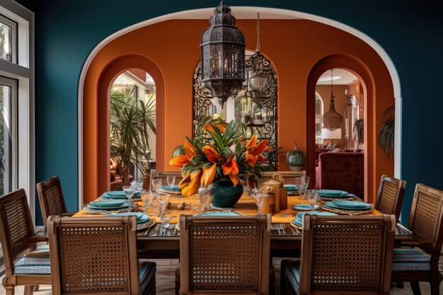 Elegant Moroccan Coastal Dining Room with Vibrant Jewel Tones and Beachy Colors