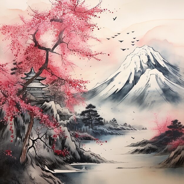 Elegant Mountain Sumie Ink Painting