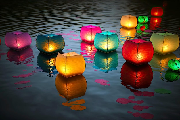 Elegant multicolored floating asian lanterns float on water