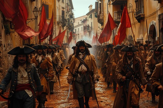 Elegant musketier in historische kleding die dapperheid en ridderlijkheid portretteert in een betoverende renaissance.