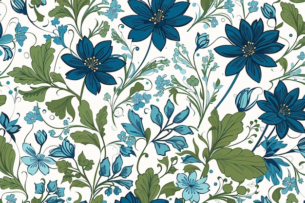 Elegant naadloos bloemenpatroon Blauwe en groene bloemen op witte achtergrond Vector illustratie Kan worden gebruikt als stofontwerp verpakkingspapier web achtergrond