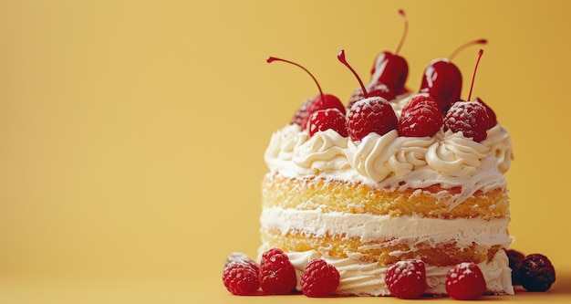 Elegant Naked Cake Garnished with Fresh Raspberries and Cherries on a Sunny Yellow Background