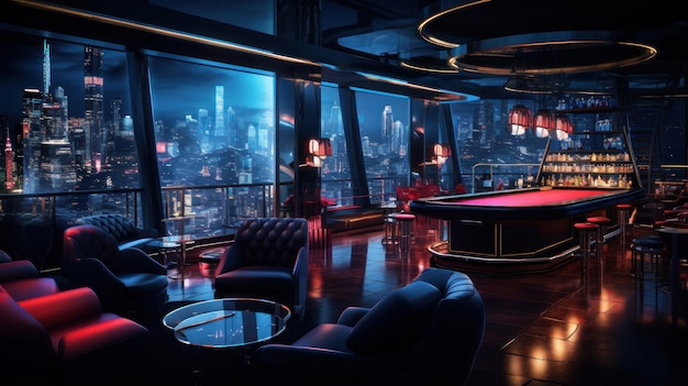 An elegant nightlife scene with luminous bars and lounges against the shimmering cityscape embodies urban allure