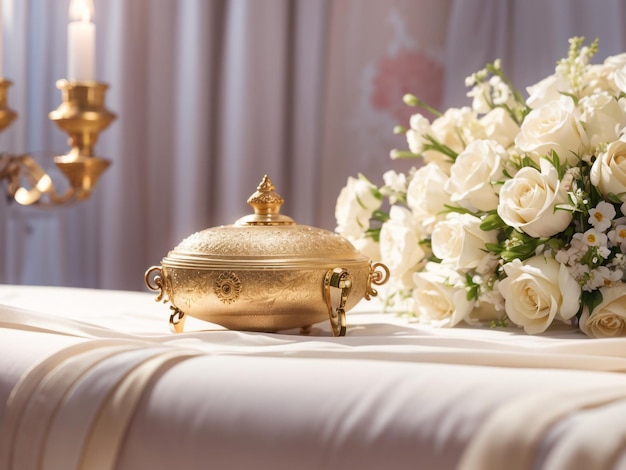 Elegant Nuptials Wedding Ceremony Table with Ring Pillow and Statue