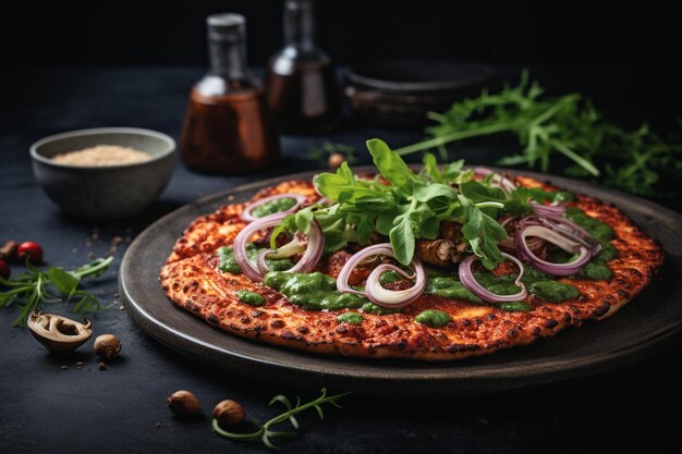 Photo elegant octopus pizza with arugula garnish