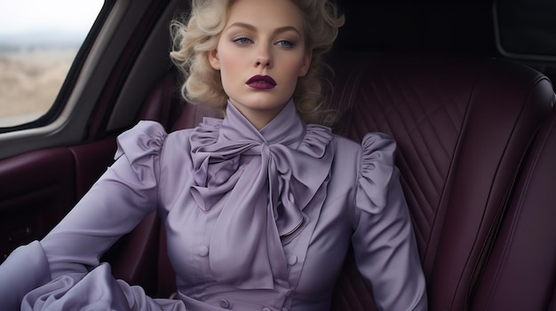 紫のスーツを着たエレガントなオフィス女性が車の中にいます