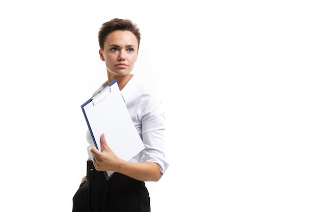 Photo elegant office worker girl with a short haircut with papers on white