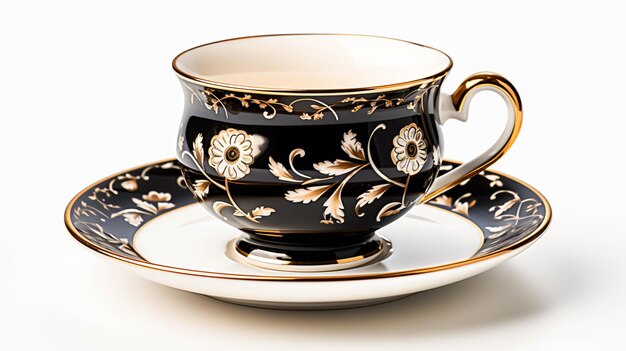 An elegant old fashioned coffee cup black and shiny on saucer