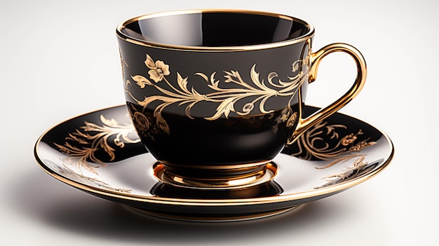 An elegant old fashioned coffee cup black and shiny on saucer