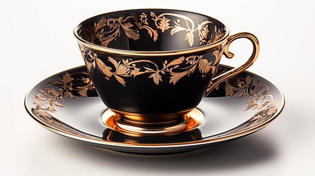 An elegant old fashioned coffee cup black and shiny on saucer