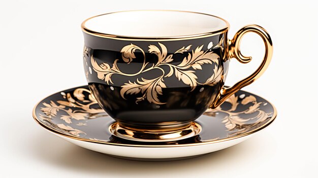 An elegant old fashioned coffee cup black and shiny on saucer