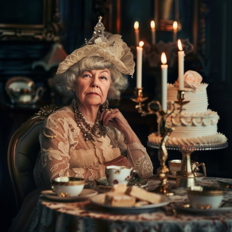 Photo an elegant older woman in a lace dress and hat sits at a table set for tea with a cake behind her