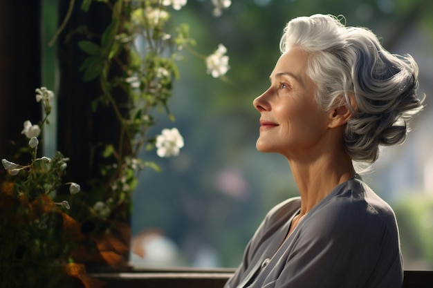 Elegant older woman with grey hair enjoying a generative ai