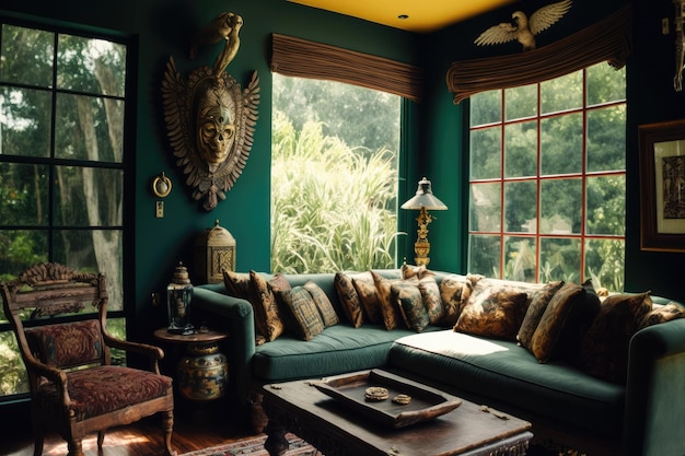 Elegant ontwerp van het interieur van de woonkamer met raam met uitzicht op het regenwoud