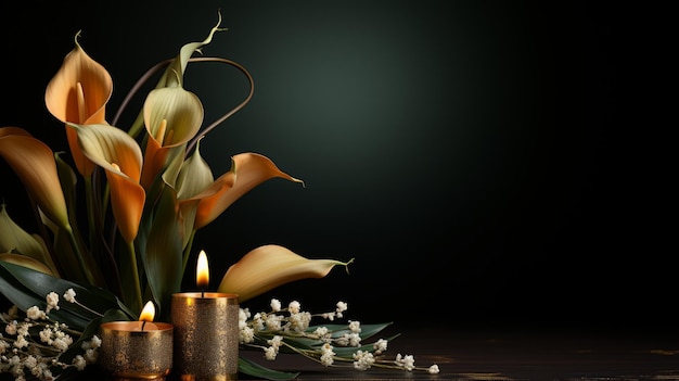 Elegant orange calla lilies with burning candles