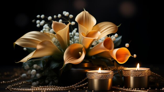 Foto eleganti gigli di calla arancione con il respiro di bambini bianchi e candele accese su uno sfondo nero